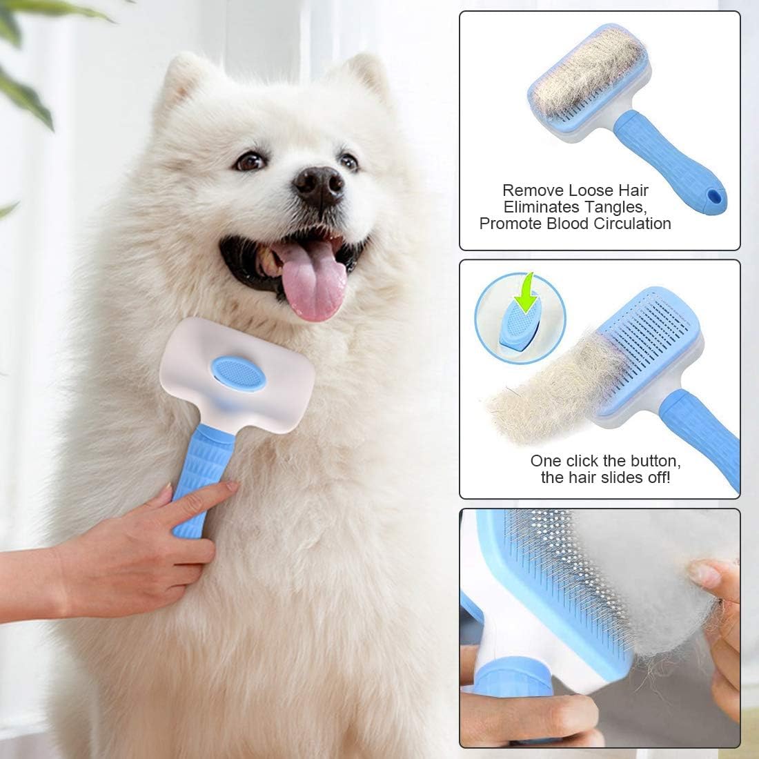 Self Cleaning Slicker Brush, Dog Brush & Cat Brush with Massage Particles, Removes Loose hair & Tangles, Skin Friendly & Promote Circulation Suitable for Pets with Long or Short Hair