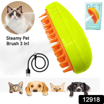 3-in-1 Cat Steamy Brush – Self-Cleaning Pet Grooming & Hair Removal Combo