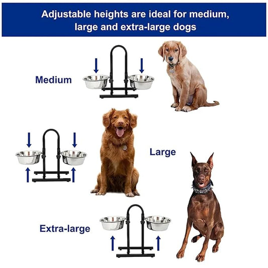 Double Diner Dog Bowl | Adjustable Elevated Pet Feeder Raised Dog Food Bowl | Dog Feeding Station H-Base Double Bowl Stand | Stainless Steel Removable Bowls | (Large) 1600 ml x 2
