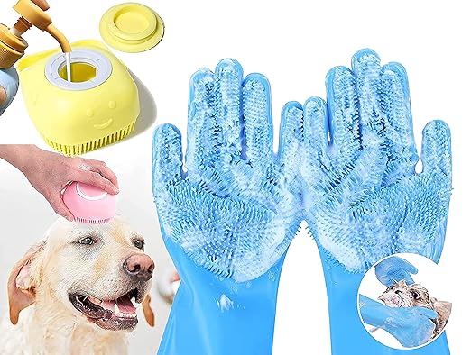 Pack Of 2 Dog Cats Pet Grrooming Silicon Shampoo Dispenser Brush With 1 Pair Bathing Gloves Soft Bristle For Soothing Scrubber Massage Shower Use Clean Loose Hair Fur For Dogs Pets