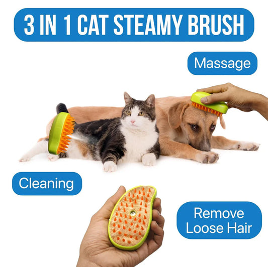 3-in-1 Cat Steamy Brush – Self-Cleaning Pet Grooming & Hair Removal Combo
